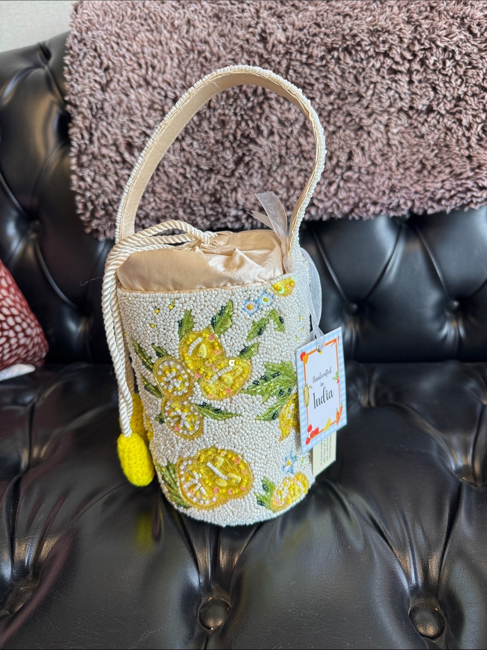 Handmade Beaded Yellow Lemon Bucket Bag